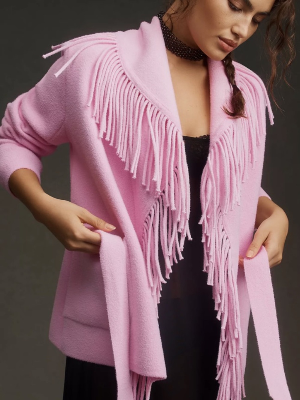 NVLT Pink Fringe Tie-Waist Coatigan